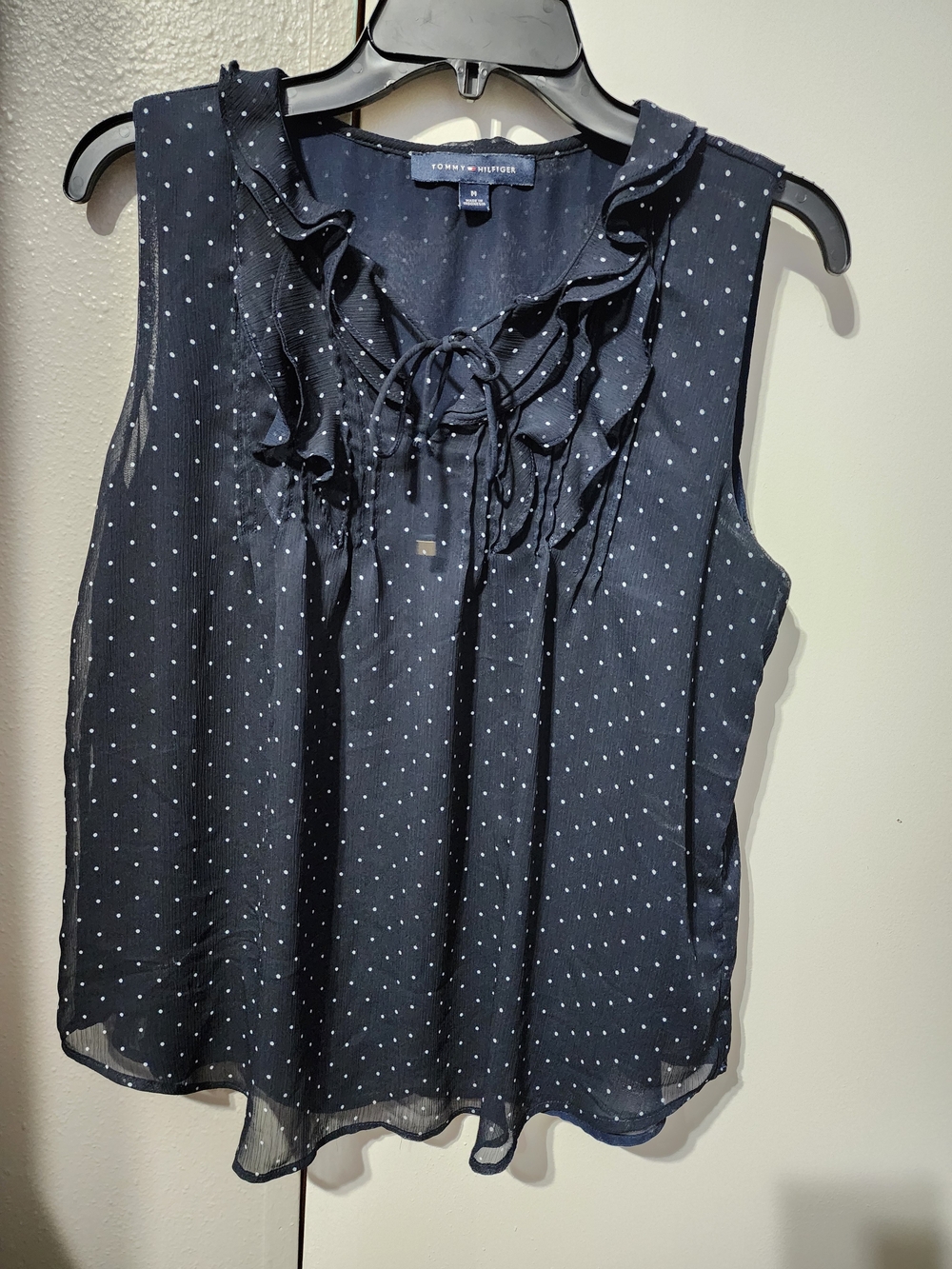 Tommy Hilfiger Navy Polka Dot Ruffle Tie Neck Sleeveless Top